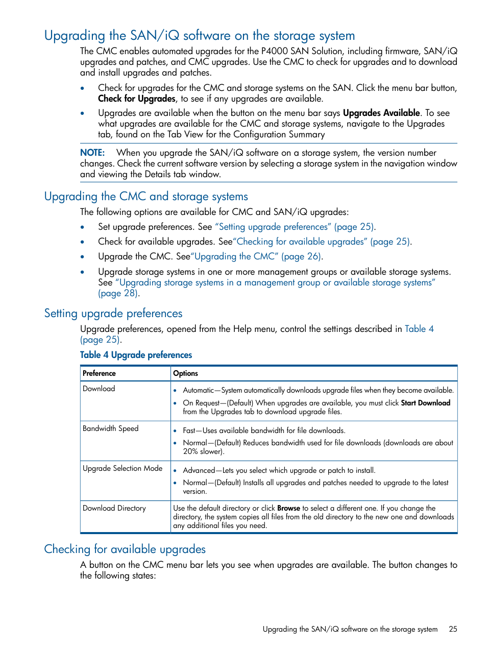 Upgrading the cmc and storage systems, Setting upgrade preferences, Checking for available upgrades | HP LeftHand P4000 Virtual SAN Appliance Software User Manual | Page 25 / 275