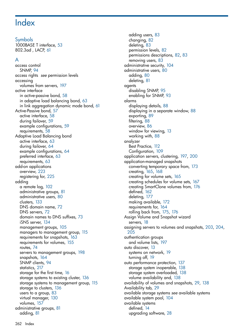 Index | HP LeftHand P4000 Virtual SAN Appliance Software User Manual | Page 262 / 275