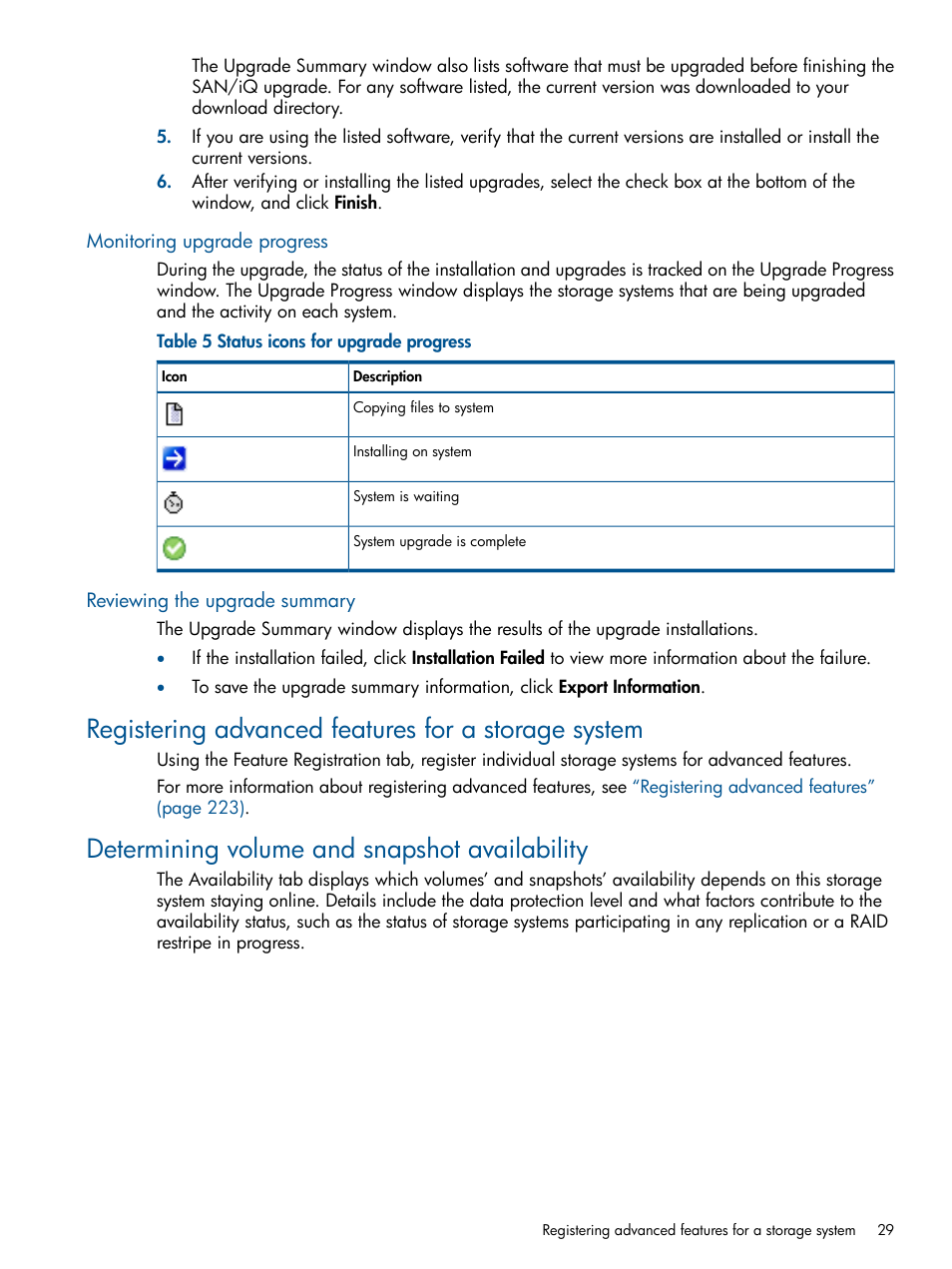 Monitoring upgrade progress, Reviewing the upgrade summary, Registering advanced features for a storage system | Determining volume and snapshot availability | HP LeftHand P4000 Virtual SAN Appliance Software User Manual | Page 29 / 275