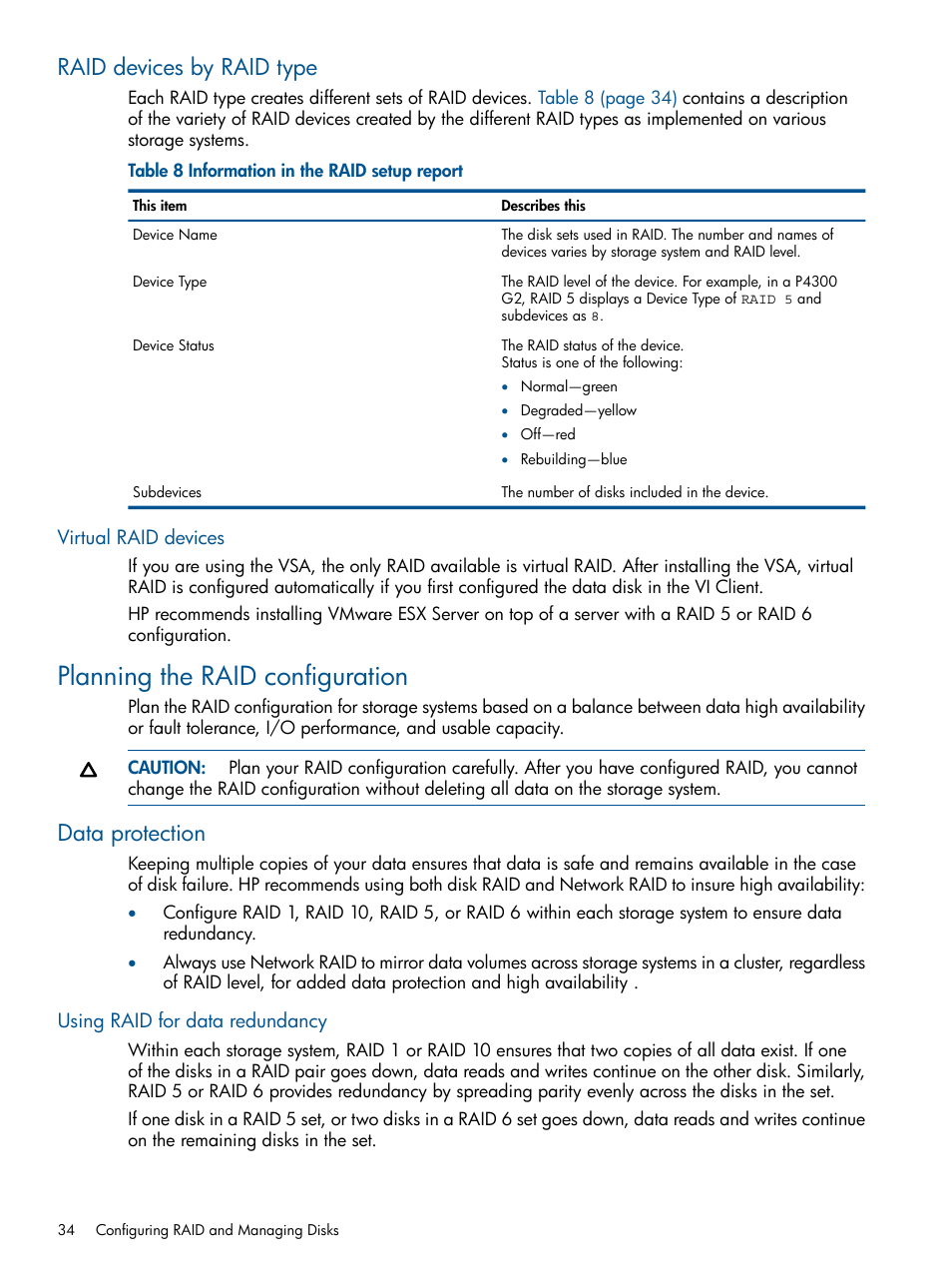 Raid devices by raid type, Virtual raid devices, Planning the raid configuration | Data protection, Using raid for data redundancy | HP LeftHand P4000 Virtual SAN Appliance Software User Manual | Page 34 / 275