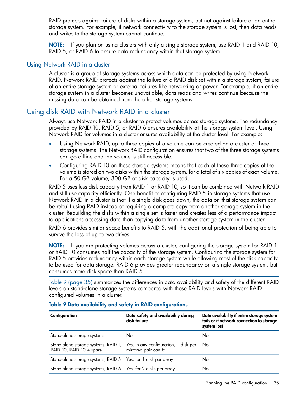 Using network raid in a cluster, Using disk raid with network raid in a cluster | HP LeftHand P4000 Virtual SAN Appliance Software User Manual | Page 35 / 275