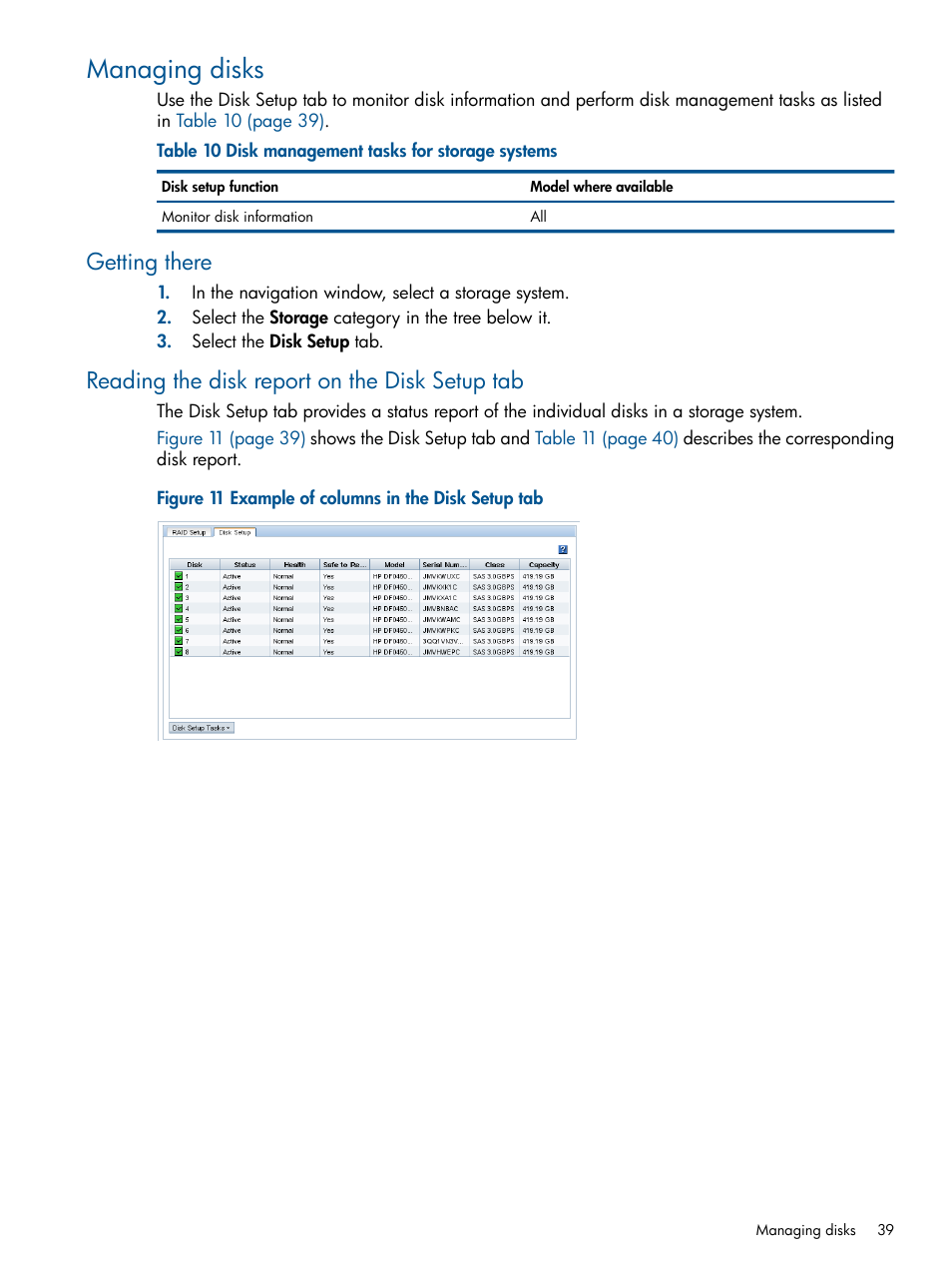 Managing disks, Getting there, Reading the disk report on the disk setup tab | HP LeftHand P4000 Virtual SAN Appliance Software User Manual | Page 39 / 275