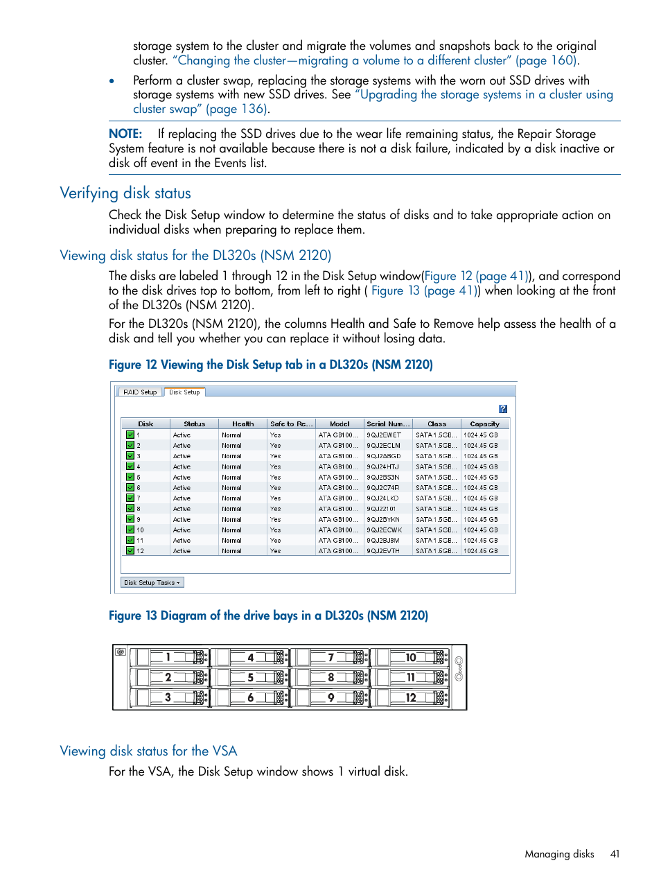 Verifying disk status, Viewing disk status for the dl320s (nsm 2120), Viewing disk status for the vsa | HP LeftHand P4000 Virtual SAN Appliance Software User Manual | Page 41 / 275