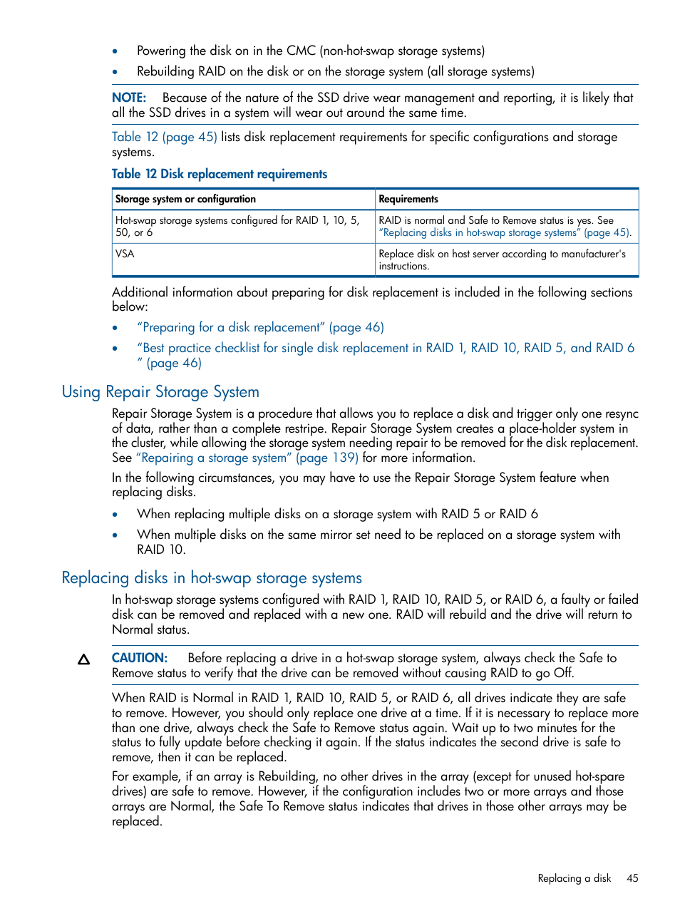 Using repair storage system, Replacing disks in hot-swap storage systems | HP LeftHand P4000 Virtual SAN Appliance Software User Manual | Page 45 / 275