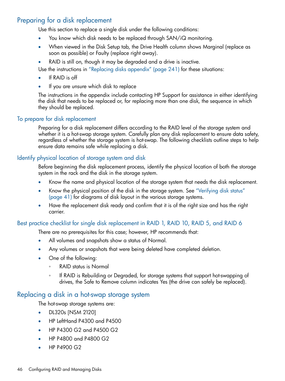 Preparing for a disk replacement, To prepare for disk replacement, Replacing a disk in a hot-swap storage system | HP LeftHand P4000 Virtual SAN Appliance Software User Manual | Page 46 / 275