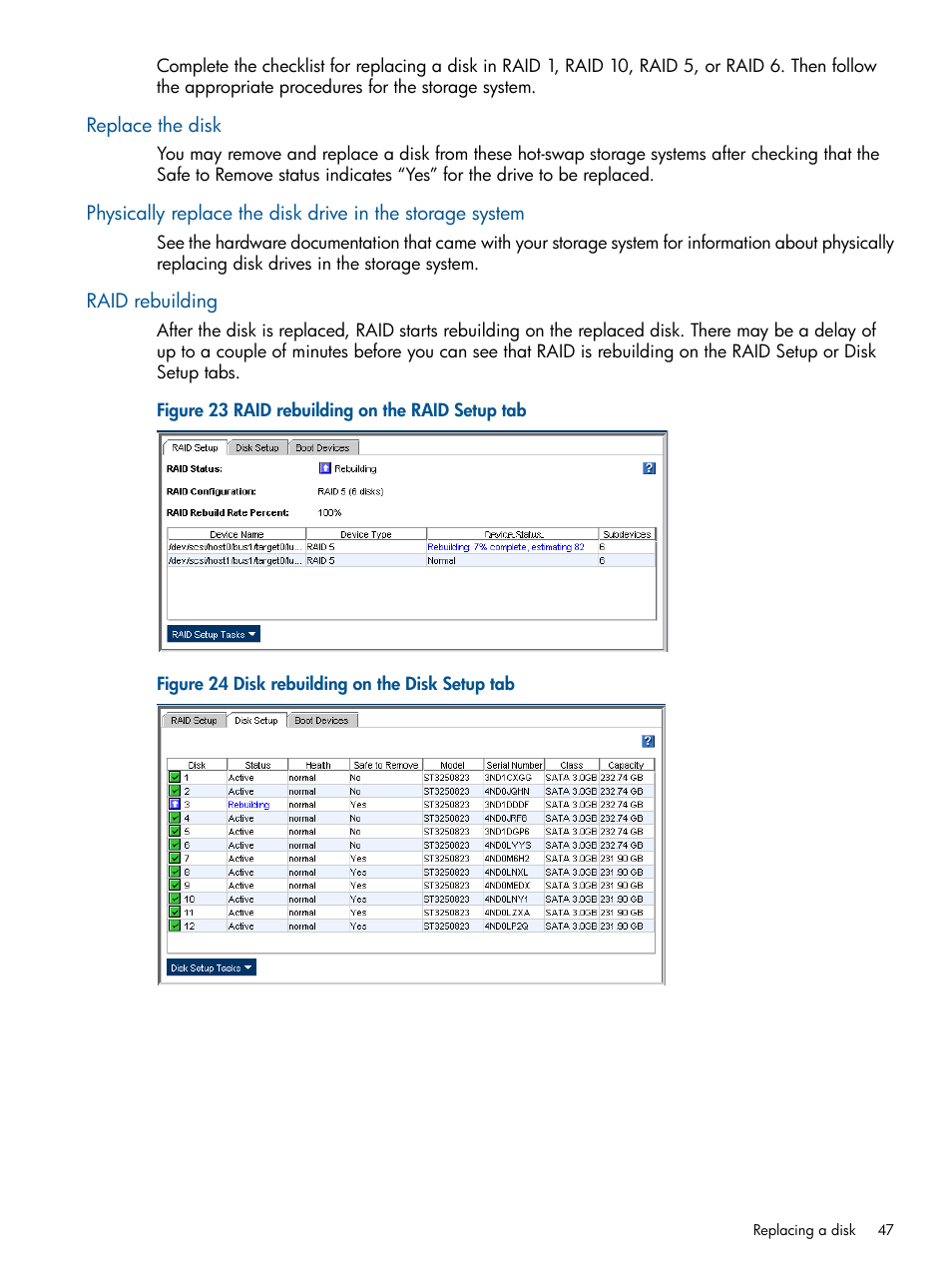 Replace the disk, Raid rebuilding | HP LeftHand P4000 Virtual SAN Appliance Software User Manual | Page 47 / 275