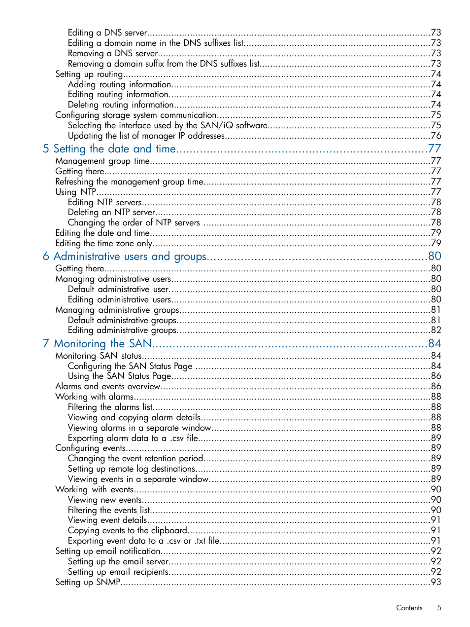 5 setting the date and time, 6 administrative users and groups, 7 monitoring the san | HP LeftHand P4000 Virtual SAN Appliance Software User Manual | Page 5 / 275