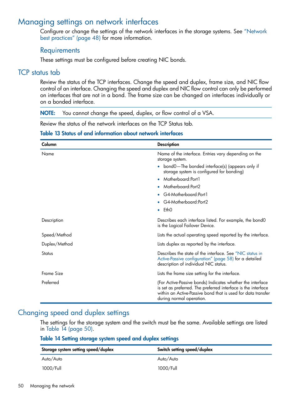 Managing settings on network interfaces, Tcp status tab, Changing speed and duplex settings | Tcp status tab changing speed and duplex settings, Requirements | HP LeftHand P4000 Virtual SAN Appliance Software User Manual | Page 50 / 275