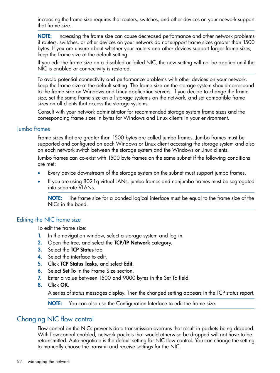 Jumbo frames, Editing the nic frame size, Changing nic flow control | HP LeftHand P4000 Virtual SAN Appliance Software User Manual | Page 52 / 275