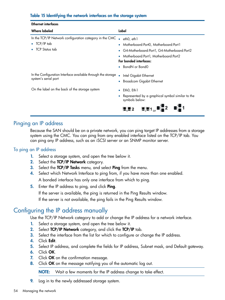 Pinging an ip address, To ping an ip address, Configuring the ip address manually | HP LeftHand P4000 Virtual SAN Appliance Software User Manual | Page 54 / 275