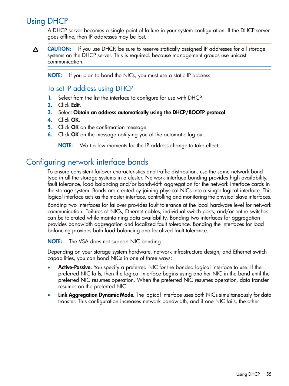 Using dhcp, Configuring network interface bonds, Using dhcp configuring network interface bonds | HP LeftHand P4000 Virtual SAN Appliance Software User Manual | Page 55 / 275