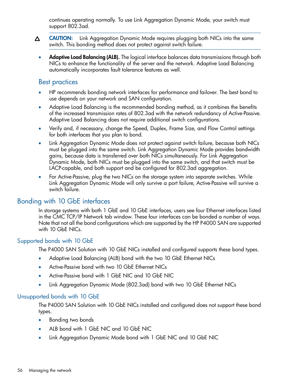 Bonding with 10 gbe interfaces, Supported bonds with 10 gbe, Unsupported bonds with 10 gbe | Best practices | HP LeftHand P4000 Virtual SAN Appliance Software User Manual | Page 56 / 275
