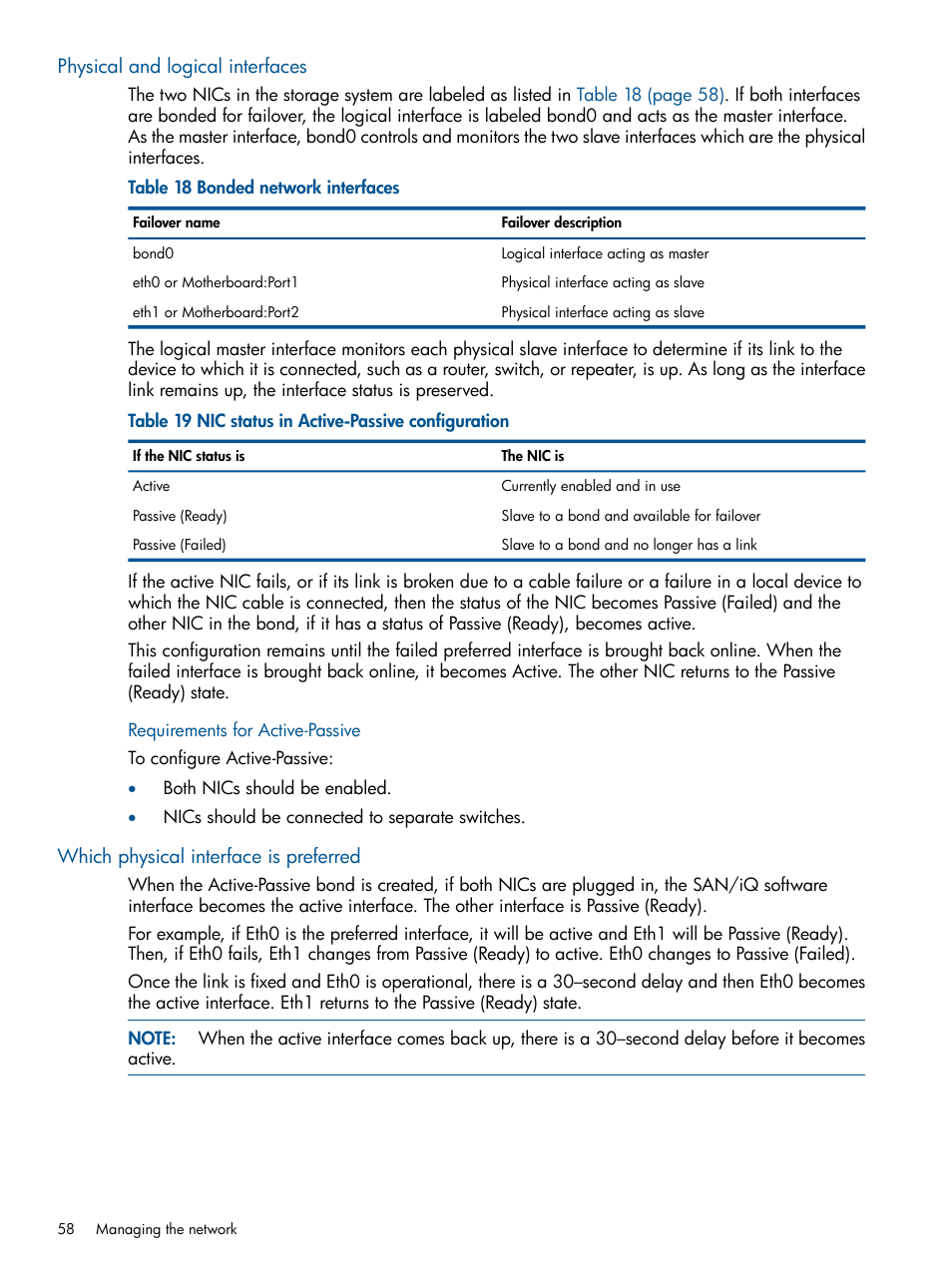Physical and logical interfaces, Which physical interface is preferred, Nic status in | HP LeftHand P4000 Virtual SAN Appliance Software User Manual | Page 58 / 275