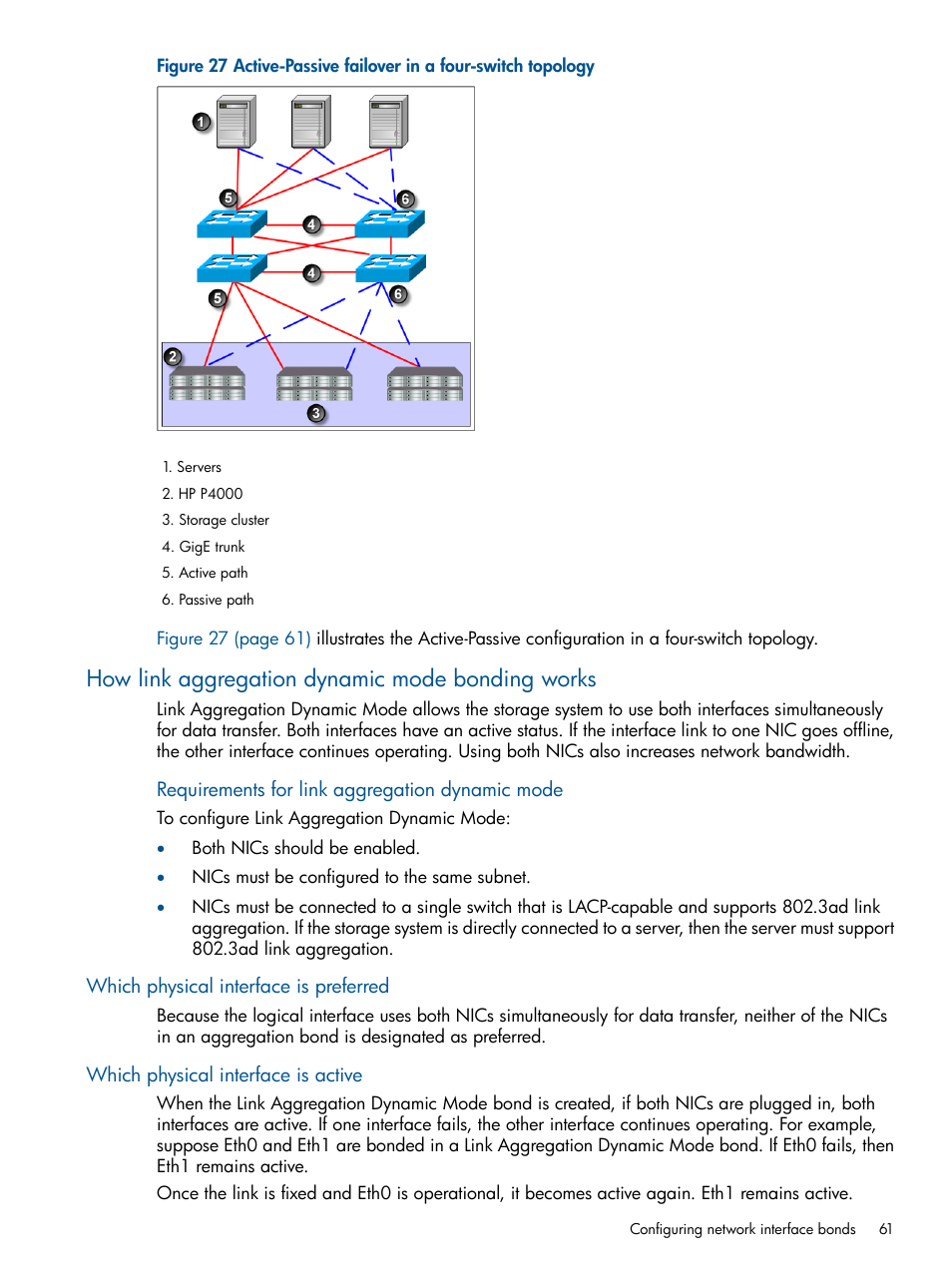 How link aggregation dynamic mode bonding works, Which physical interface is preferred, Which physical interface is active | HP LeftHand P4000 Virtual SAN Appliance Software User Manual | Page 61 / 275