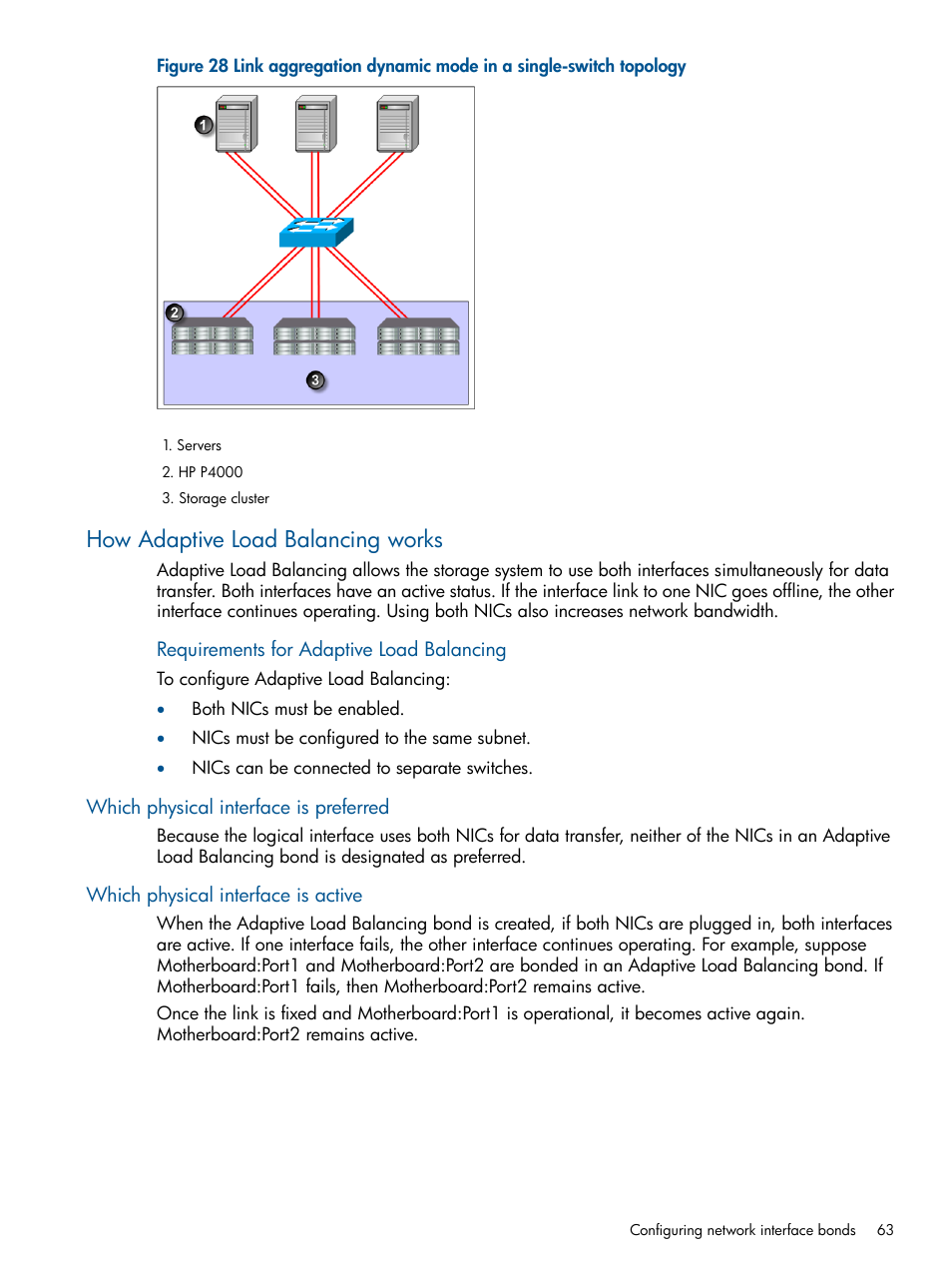 How adaptive load balancing works, Which physical interface is preferred, Which physical interface is active | HP LeftHand P4000 Virtual SAN Appliance Software User Manual | Page 63 / 275