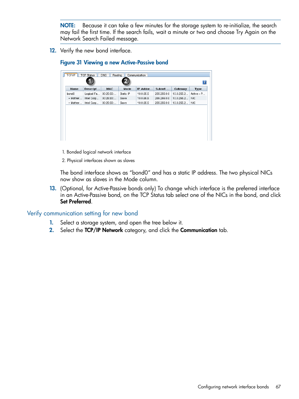 Verify communication setting for new bond | HP LeftHand P4000 Virtual SAN Appliance Software User Manual | Page 67 / 275