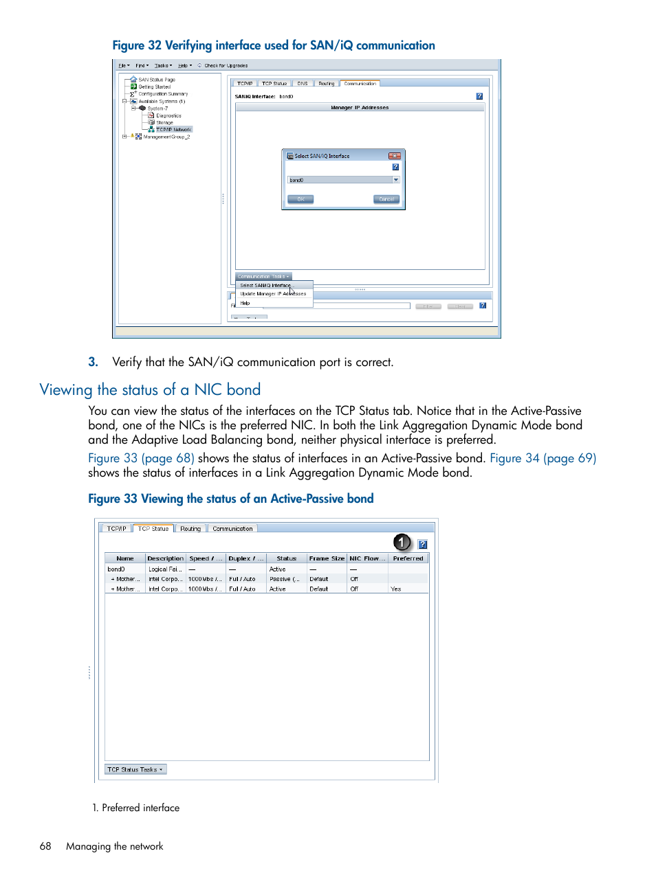 Viewing the status of a nic bond | HP LeftHand P4000 Virtual SAN Appliance Software User Manual | Page 68 / 275