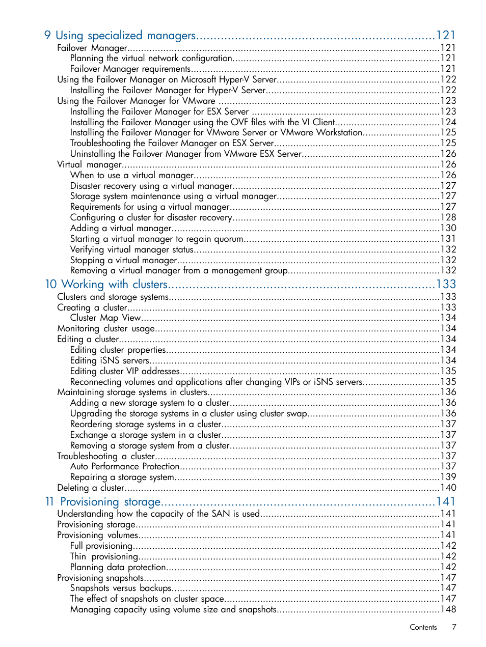 9 using specialized managers, 10 working with clusters, 11 provisioning storage | HP LeftHand P4000 Virtual SAN Appliance Software User Manual | Page 7 / 275