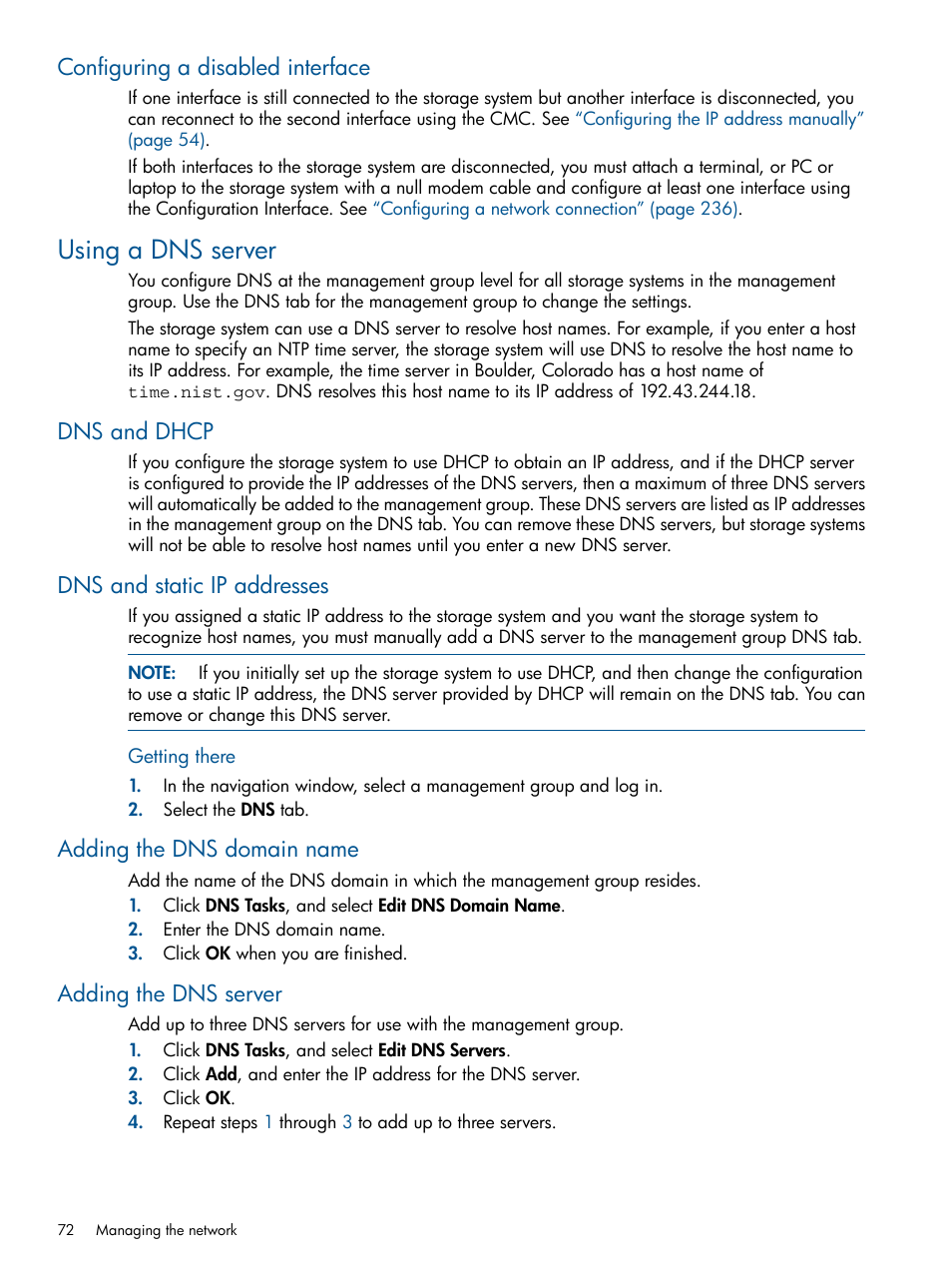 Configuring a disabled interface, Using a dns server, Dns and dhcp | Dns and static ip addresses, Adding the dns domain name, Adding the dns server | HP LeftHand P4000 Virtual SAN Appliance Software User Manual | Page 72 / 275