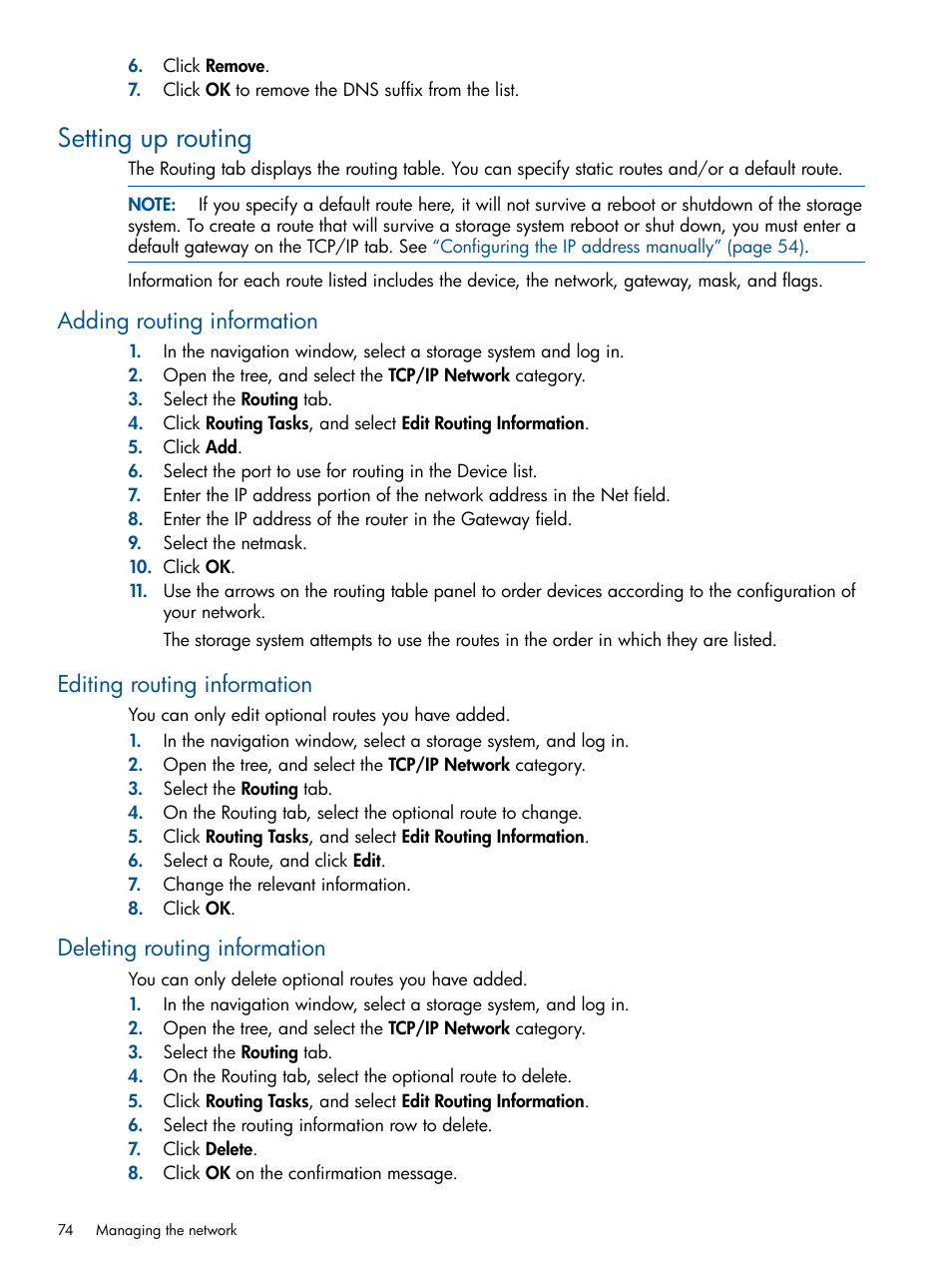Setting up routing, Adding routing information, Editing routing information | Deleting routing information | HP LeftHand P4000 Virtual SAN Appliance Software User Manual | Page 74 / 275