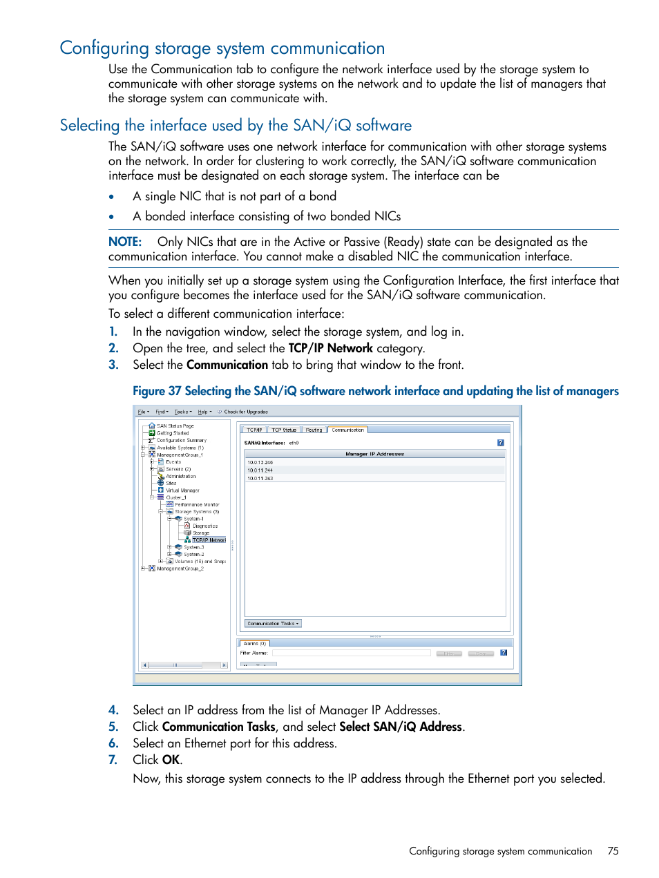 Configuring storage system communication | HP LeftHand P4000 Virtual SAN Appliance Software User Manual | Page 75 / 275