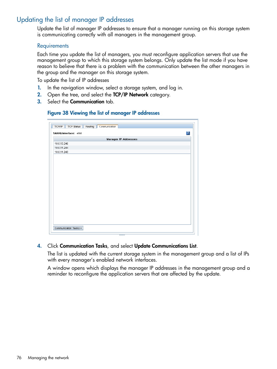 Updating the list of manager ip addresses | HP LeftHand P4000 Virtual SAN Appliance Software User Manual | Page 76 / 275