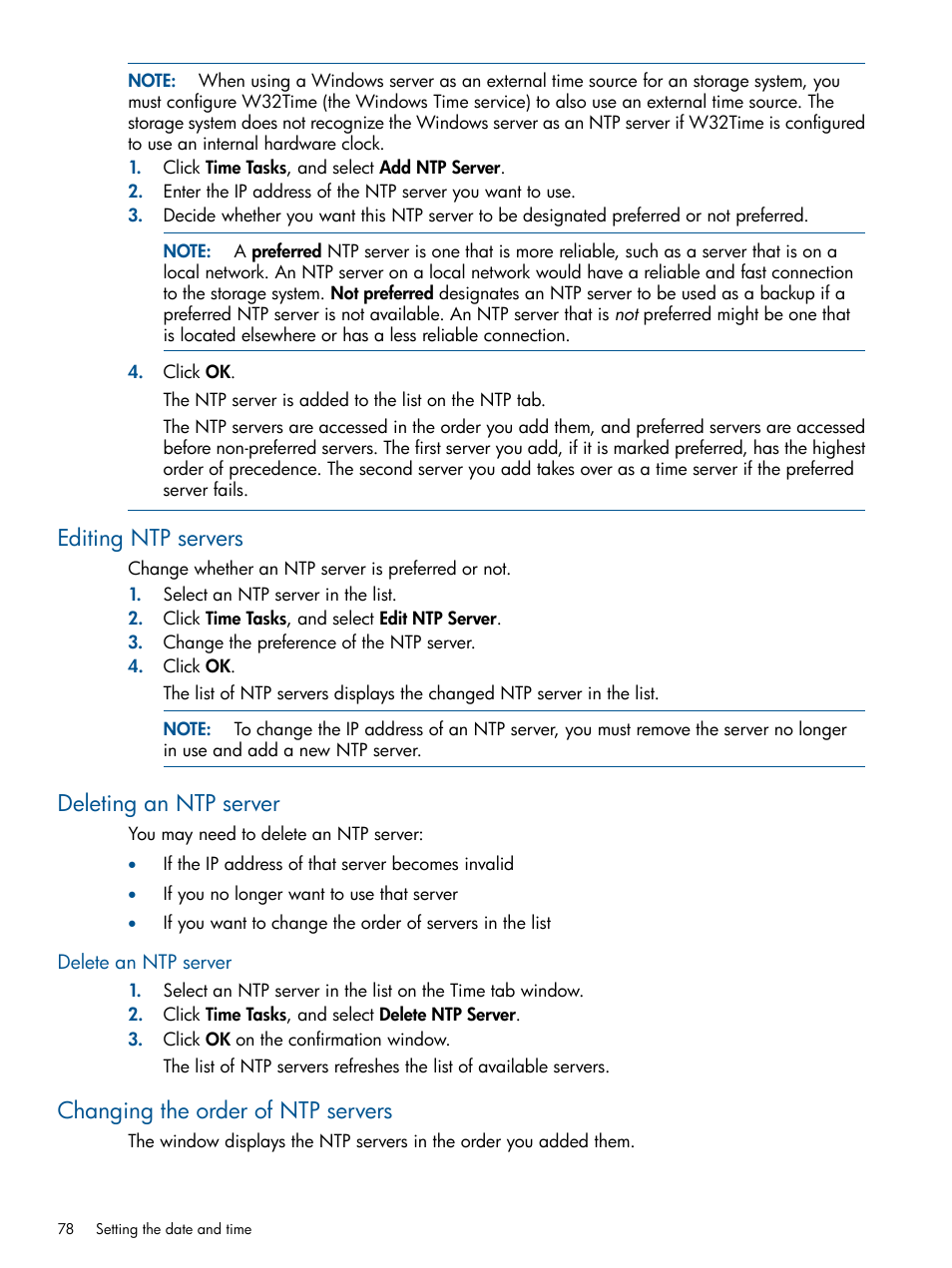 Editing ntp servers, Deleting an ntp server, Delete an ntp server | Changing the order of ntp servers | HP LeftHand P4000 Virtual SAN Appliance Software User Manual | Page 78 / 275