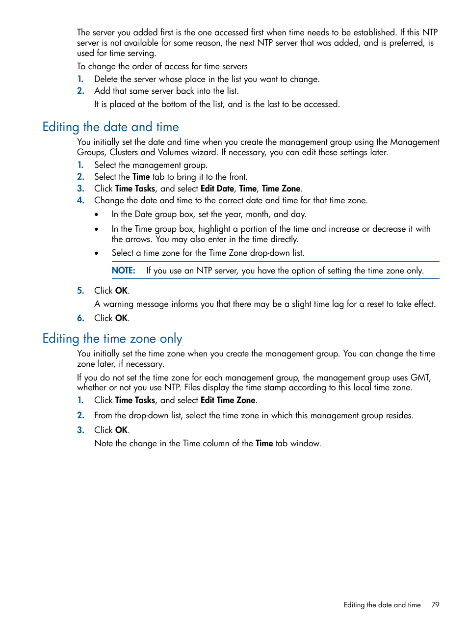 Editing the date and time, Editing the time zone only | HP LeftHand P4000 Virtual SAN Appliance Software User Manual | Page 79 / 275