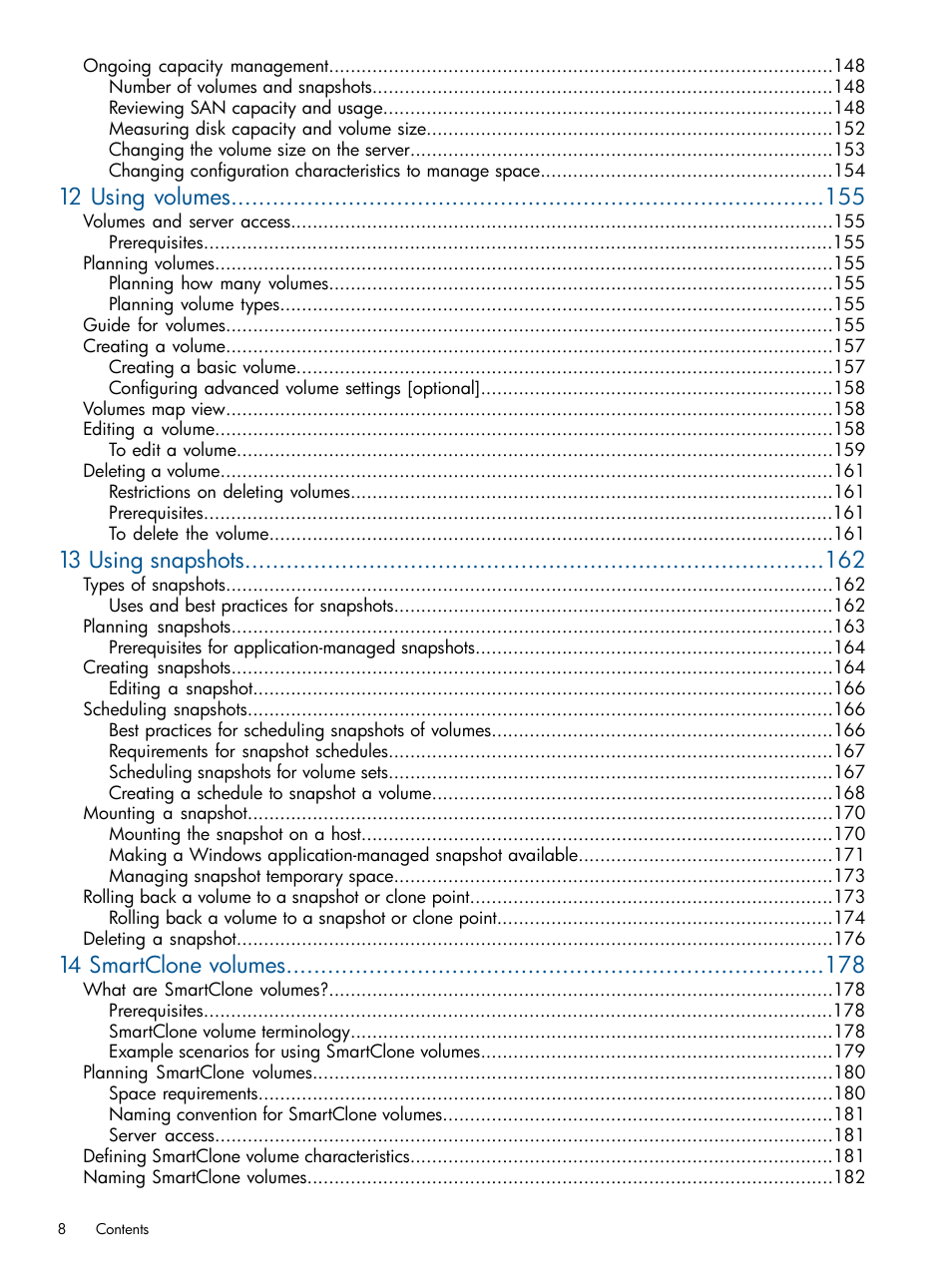 12 using volumes, 13 using snapshots, 14 smartclone volumes | HP LeftHand P4000 Virtual SAN Appliance Software User Manual | Page 8 / 275