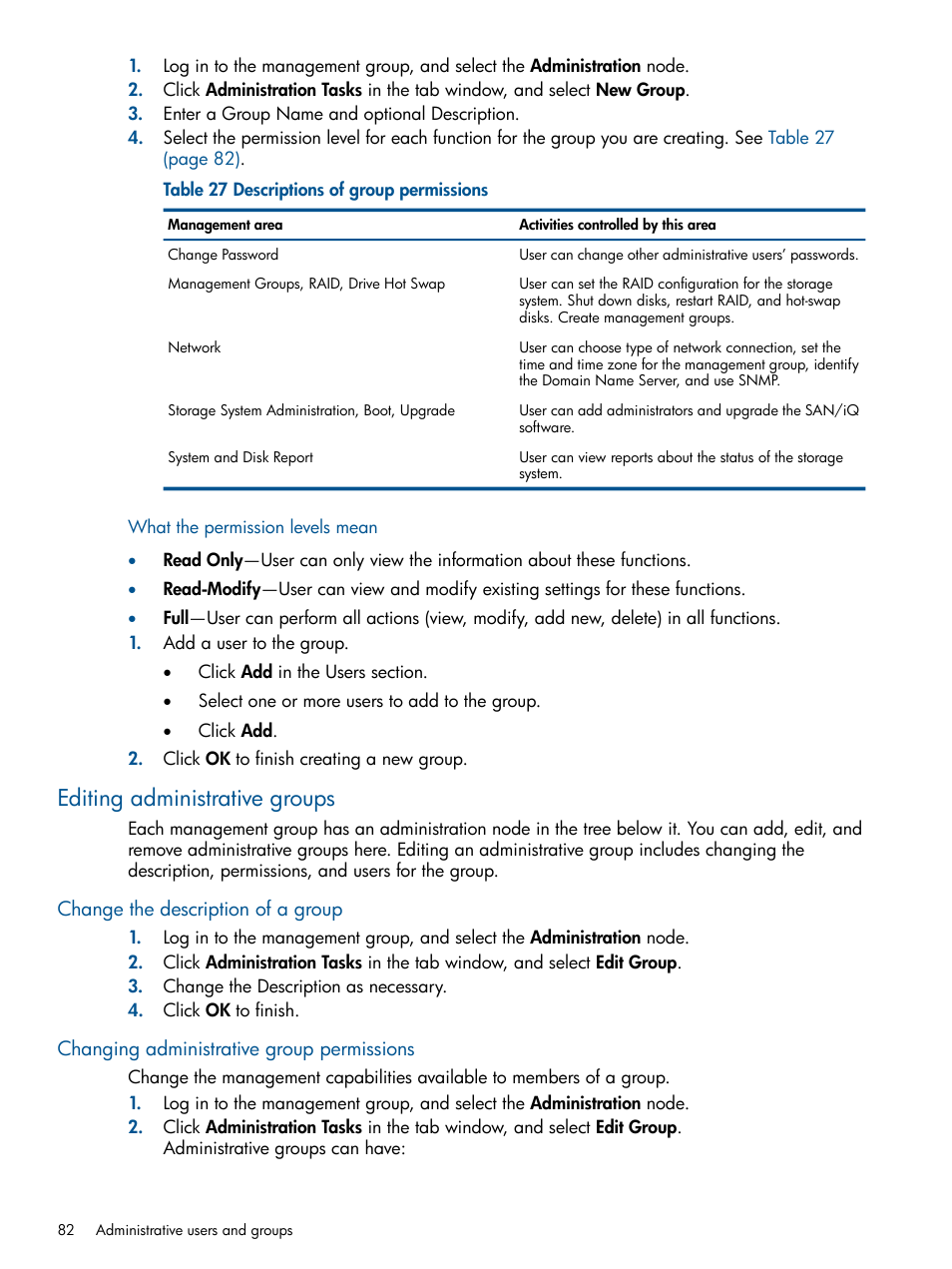 What the permission levels mean, Editing administrative groups, Change the description of a group | Changing administrative group permissions | HP LeftHand P4000 Virtual SAN Appliance Software User Manual | Page 82 / 275