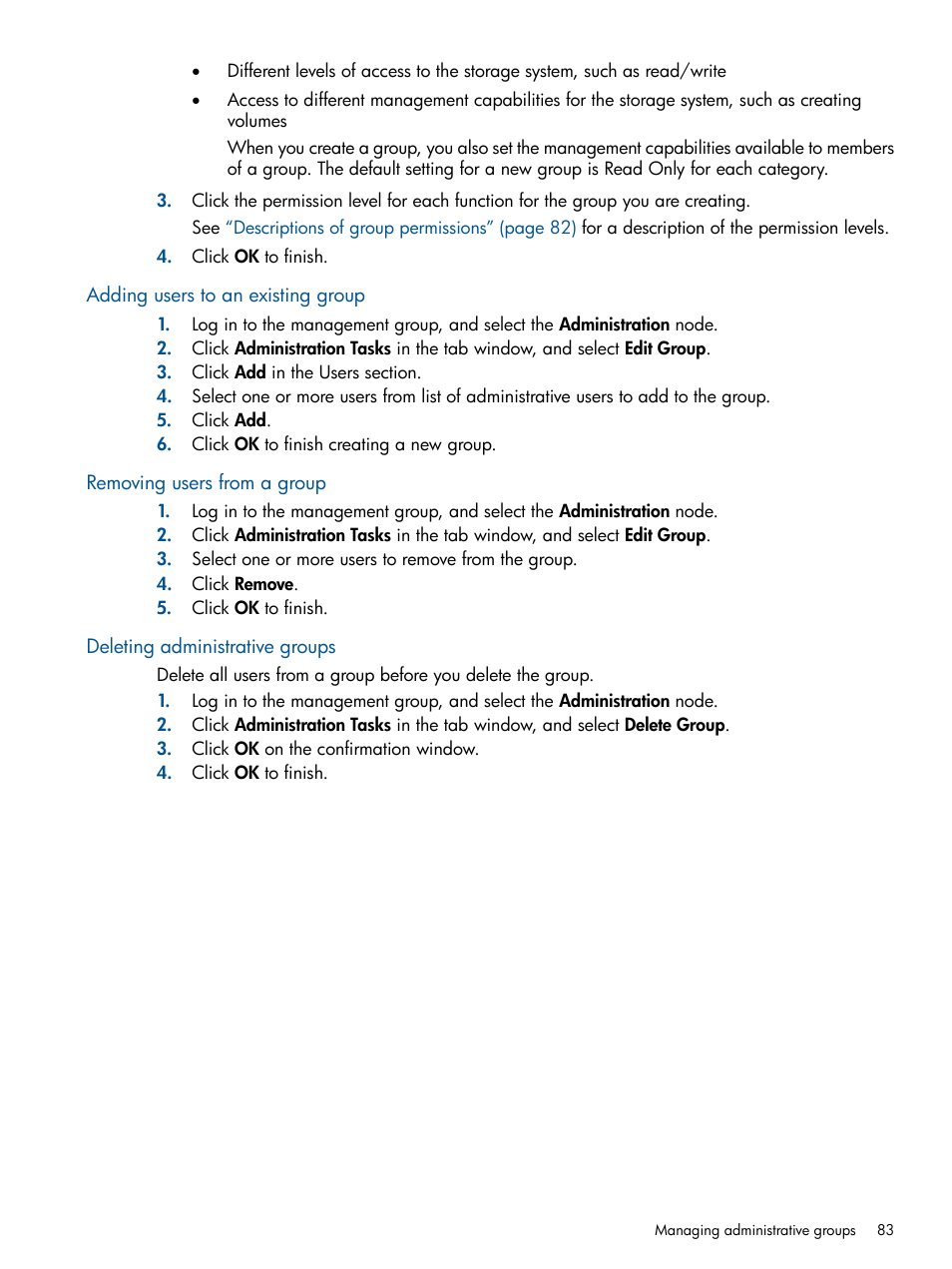 Adding users to an existing group, Removing users from a group, Deleting administrative groups | HP LeftHand P4000 Virtual SAN Appliance Software User Manual | Page 83 / 275