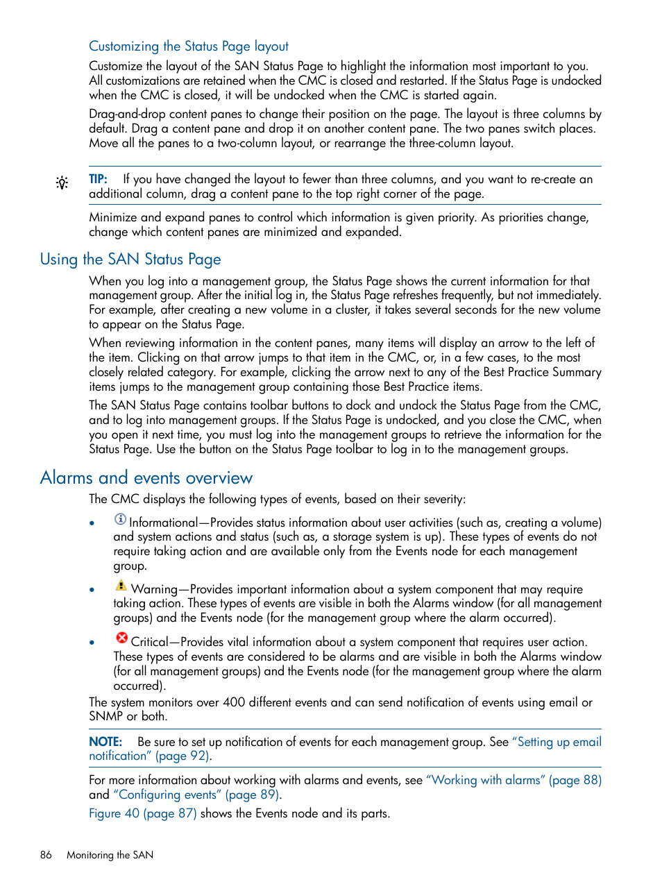 Alarms and events overview, Using the san status page | HP LeftHand P4000 Virtual SAN Appliance Software User Manual | Page 86 / 275