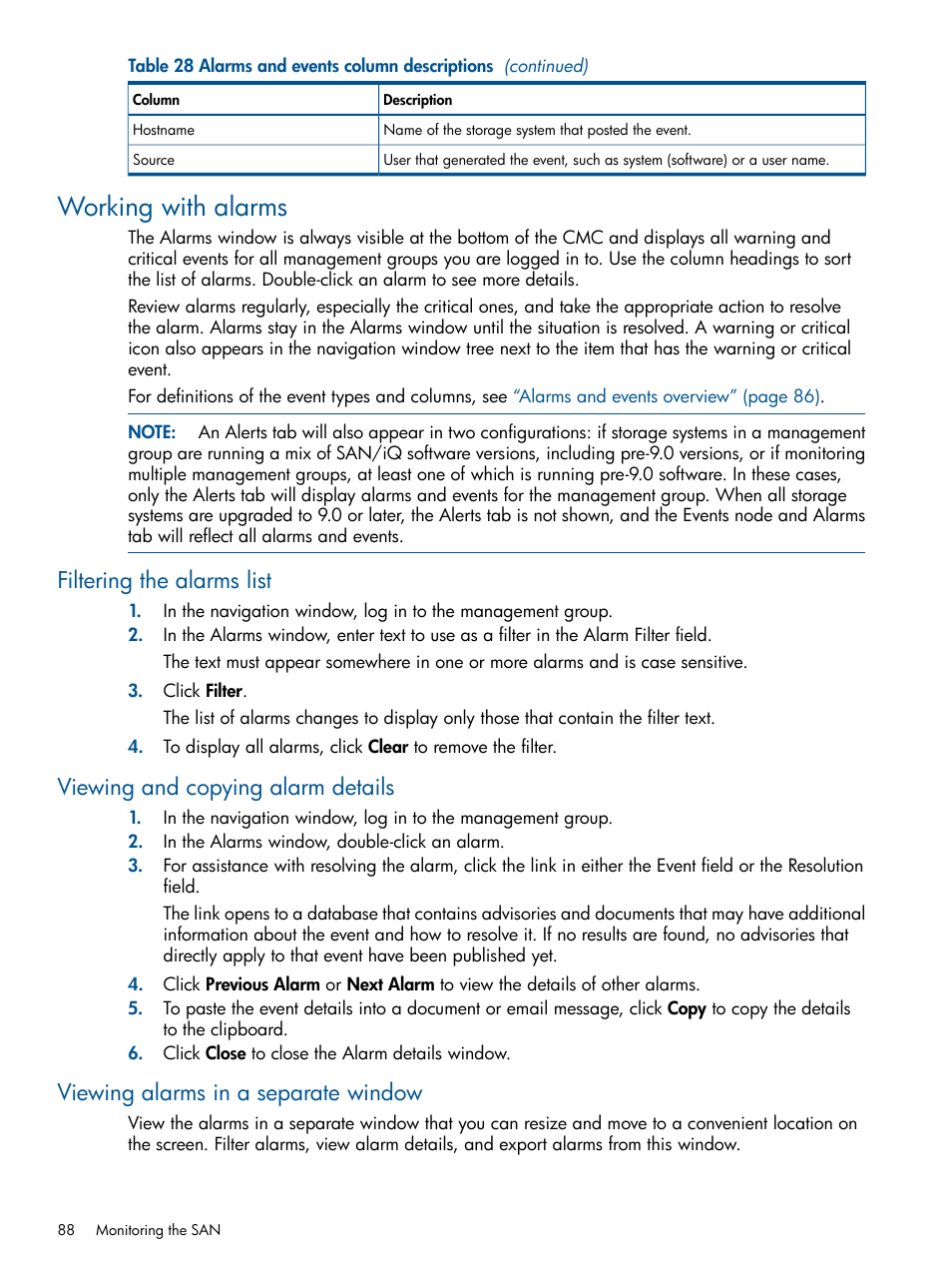 Working with alarms, Filtering the alarms list, Viewing and copying alarm details | Viewing alarms in a separate window | HP LeftHand P4000 Virtual SAN Appliance Software User Manual | Page 88 / 275