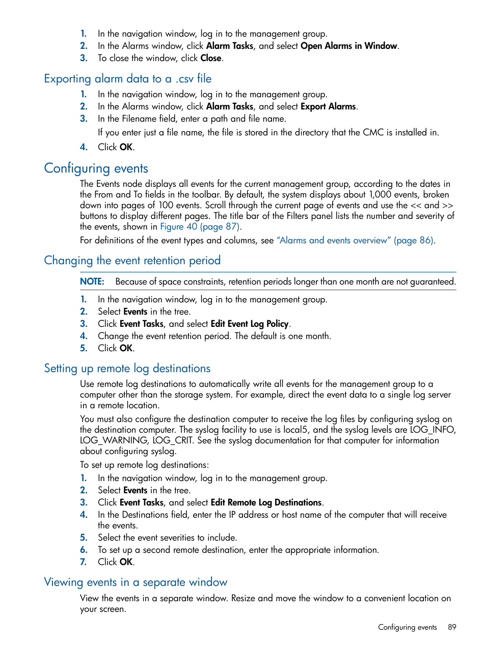 Exporting alarm data to a .csv file, Configuring events, Changing the event retention period | Setting up remote log destinations, Viewing events in a separate window | HP LeftHand P4000 Virtual SAN Appliance Software User Manual | Page 89 / 275