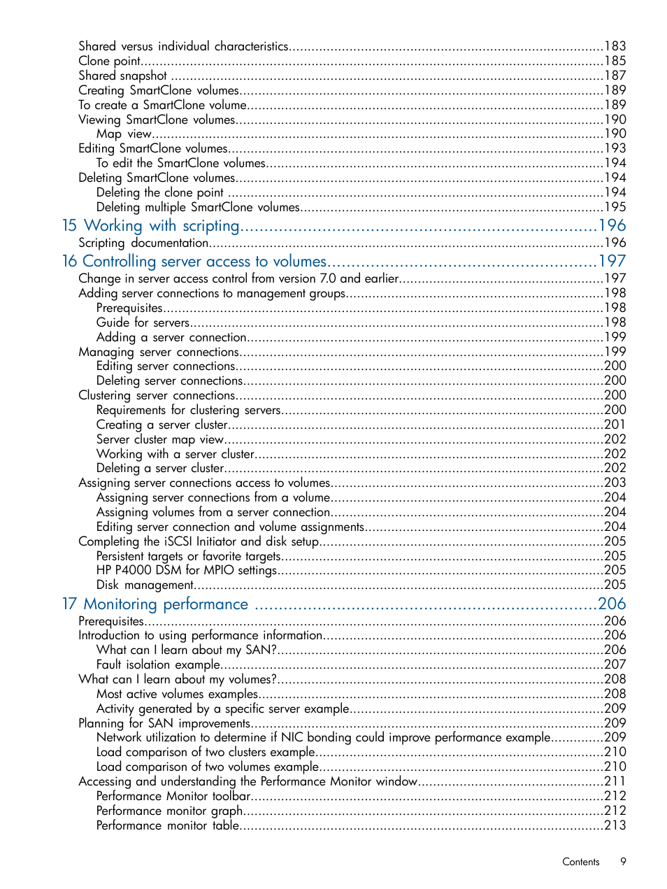 15 working with scripting, 16 controlling server access to volumes, 17 monitoring performance | HP LeftHand P4000 Virtual SAN Appliance Software User Manual | Page 9 / 275