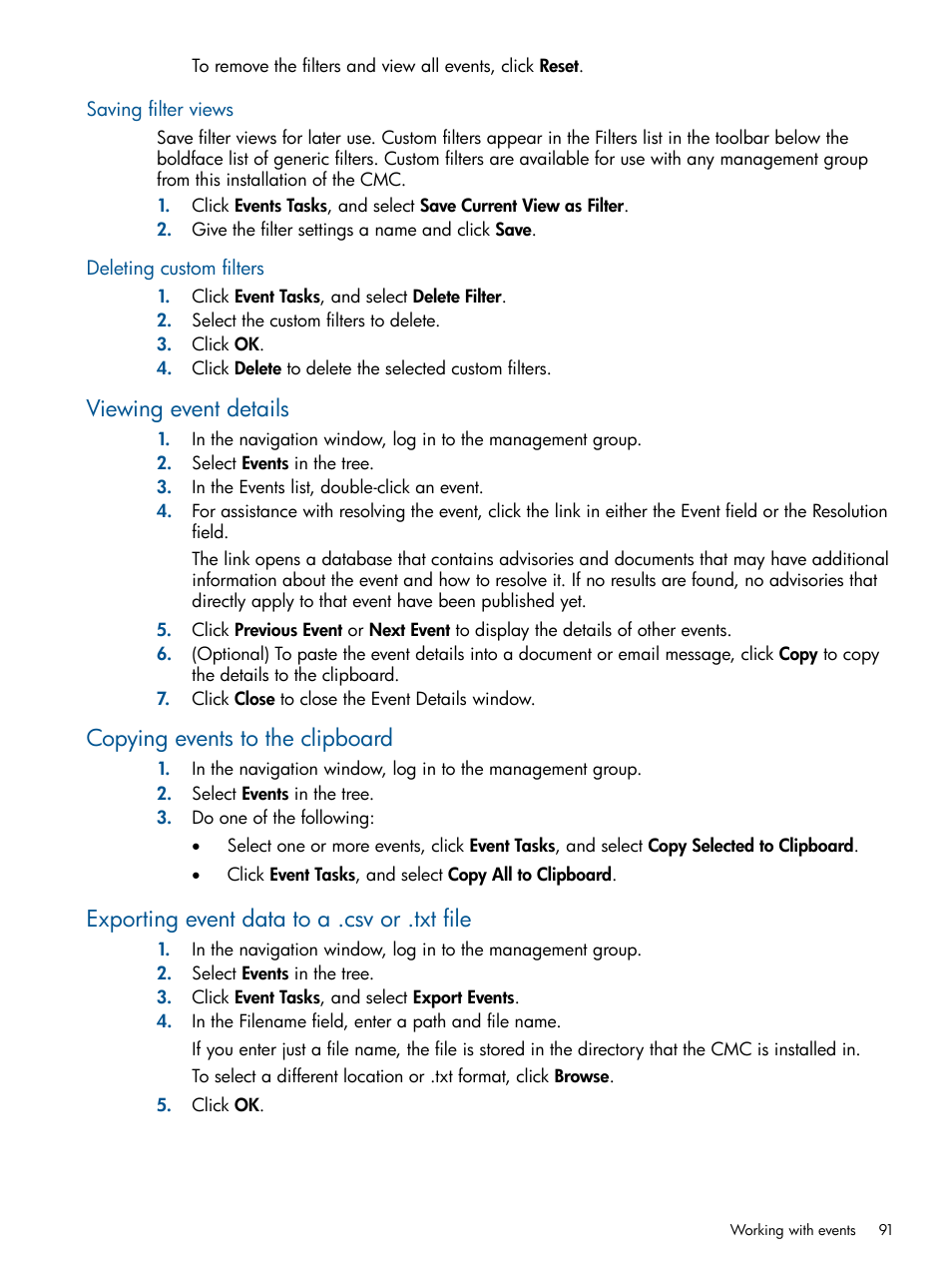 Saving filter views, Deleting custom filters, Viewing event details | Copying events to the clipboard, Exporting event data to a .csv or .txt file | HP LeftHand P4000 Virtual SAN Appliance Software User Manual | Page 91 / 275
