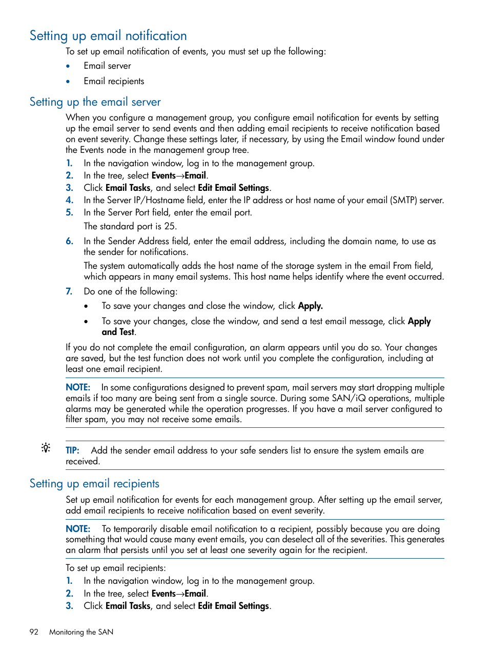 Setting up email notification, Setting up the email server, Setting up email recipients | Setting up email | HP LeftHand P4000 Virtual SAN Appliance Software User Manual | Page 92 / 275