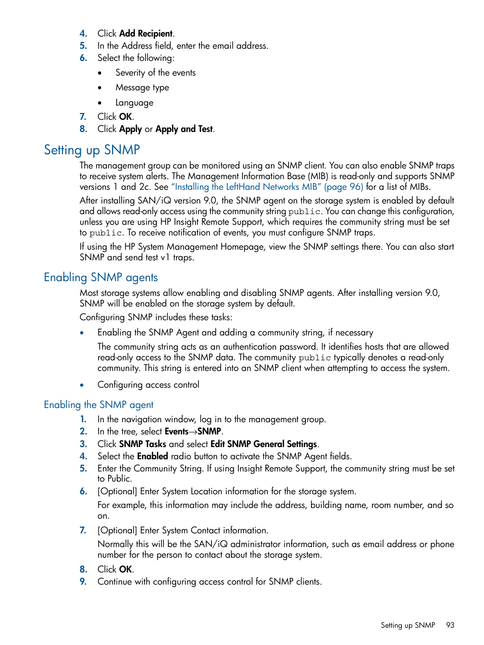 Setting up snmp, Enabling snmp agents, Enabling the snmp agent | HP LeftHand P4000 Virtual SAN Appliance Software User Manual | Page 93 / 275