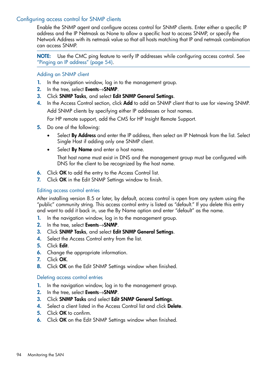 Configuring access control for snmp clients, Adding an snmp client, Editing access control entries | Deleting access control entries | HP LeftHand P4000 Virtual SAN Appliance Software User Manual | Page 94 / 275