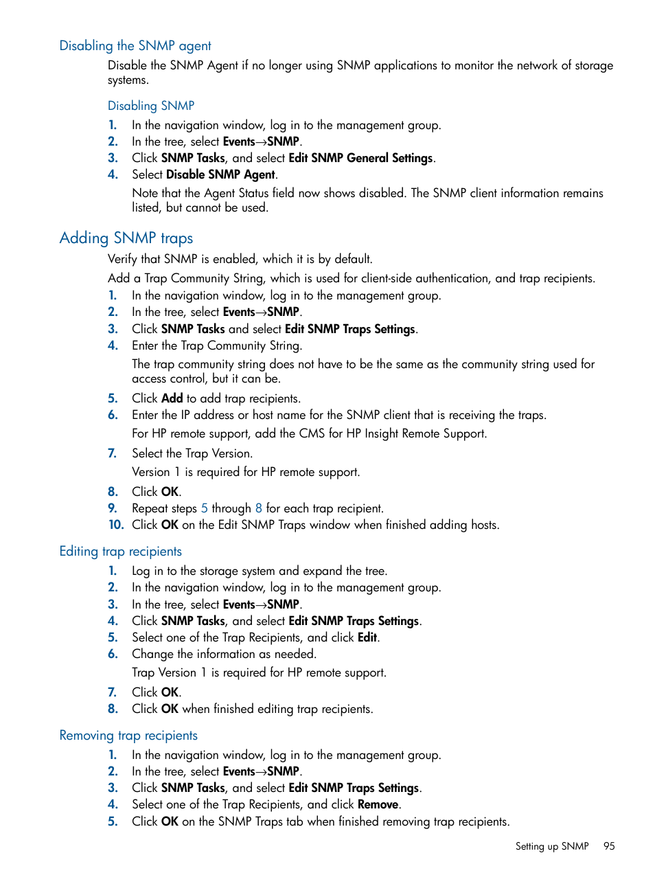 Disabling the snmp agent, Disabling snmp, Adding snmp traps | Editing trap recipients, Removing trap recipients | HP LeftHand P4000 Virtual SAN Appliance Software User Manual | Page 95 / 275