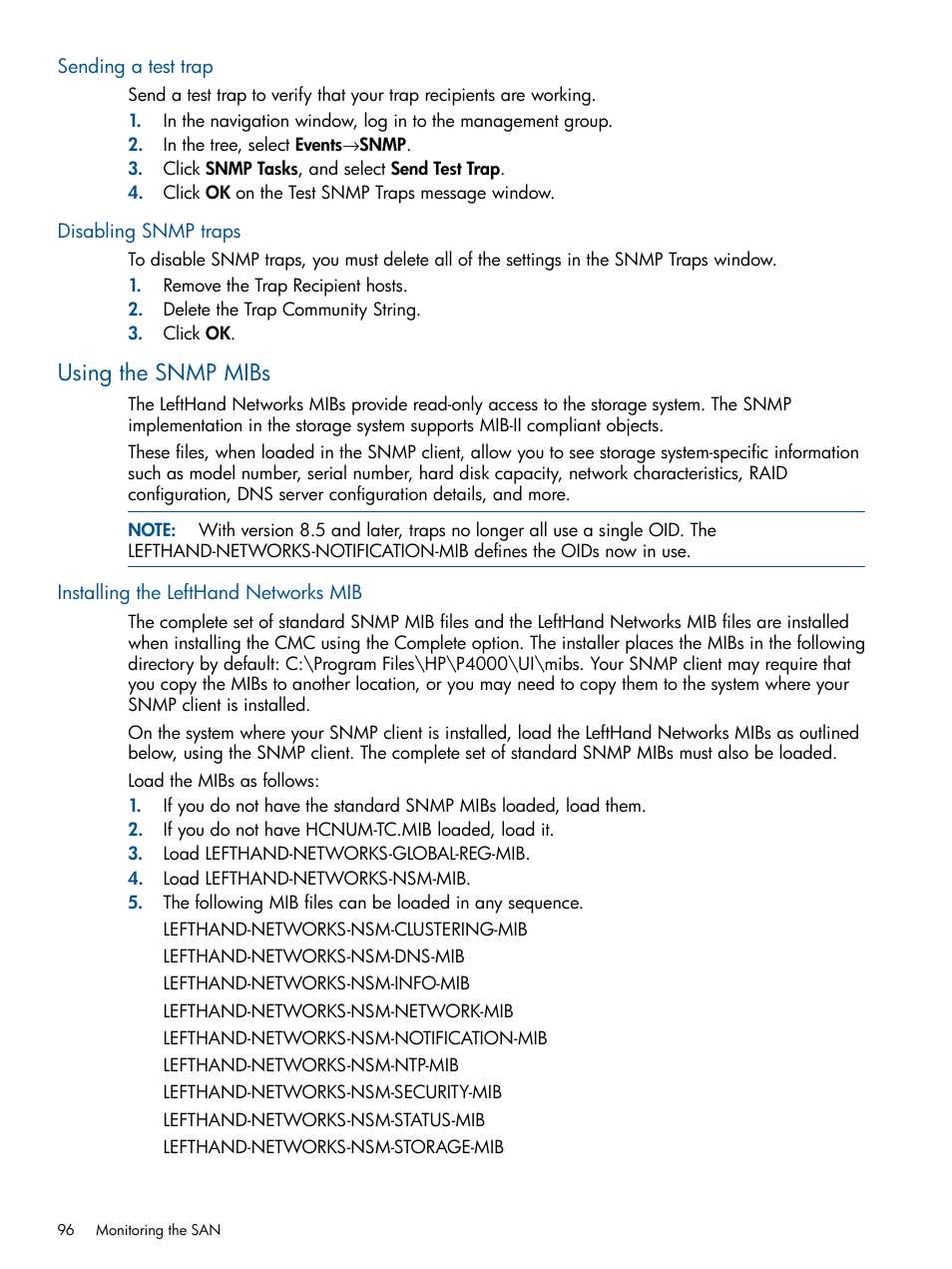 Sending a test trap, Disabling snmp traps, Using the snmp mibs | Installing the lefthand networks mib | HP LeftHand P4000 Virtual SAN Appliance Software User Manual | Page 96 / 275