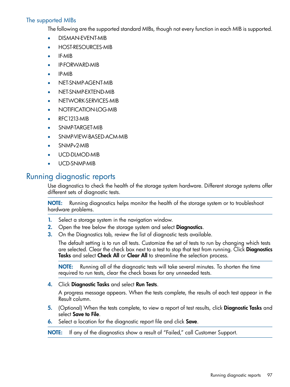 The supported mibs, Running diagnostic reports | HP LeftHand P4000 Virtual SAN Appliance Software User Manual | Page 97 / 275