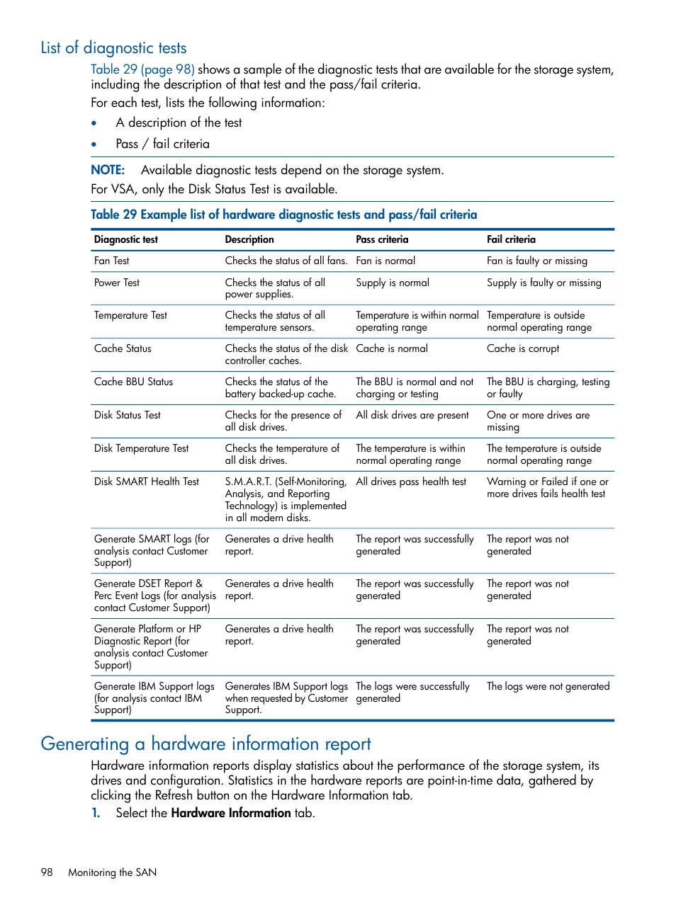 List of diagnostic tests, Generating a hardware information report | HP LeftHand P4000 Virtual SAN Appliance Software User Manual | Page 98 / 275