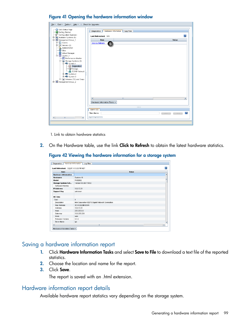 Saving a hardware information report, Hardware information report details | HP LeftHand P4000 Virtual SAN Appliance Software User Manual | Page 99 / 275