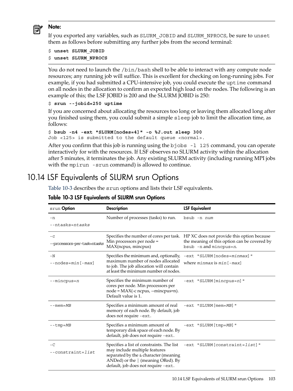 14 lsf equivalents of slurm srun options, Lsf equivalents of slurm srun options | HP XC System 4.x Software User Manual | Page 103 / 135