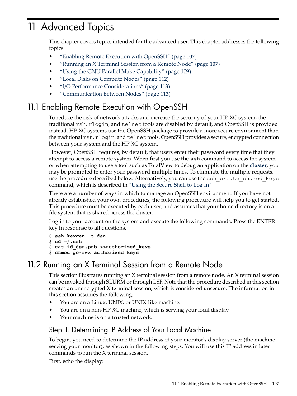 11 advanced topics, 1 enabling remote execution with openssh, 2 running an x terminal session from a remote node | Enabling remote execution with, Openssh, Enabling remote, Execution with openssh | HP XC System 4.x Software User Manual | Page 107 / 135