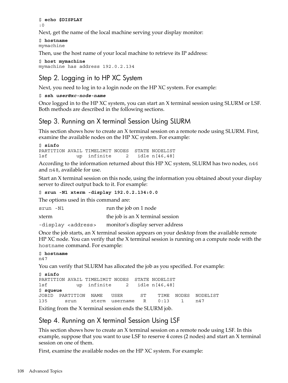 Step 2. logging in to hp xc system, Step 3. running an x terminal session using slurm, Step 4. running an x terminal session using lsf | HP XC System 4.x Software User Manual | Page 108 / 135