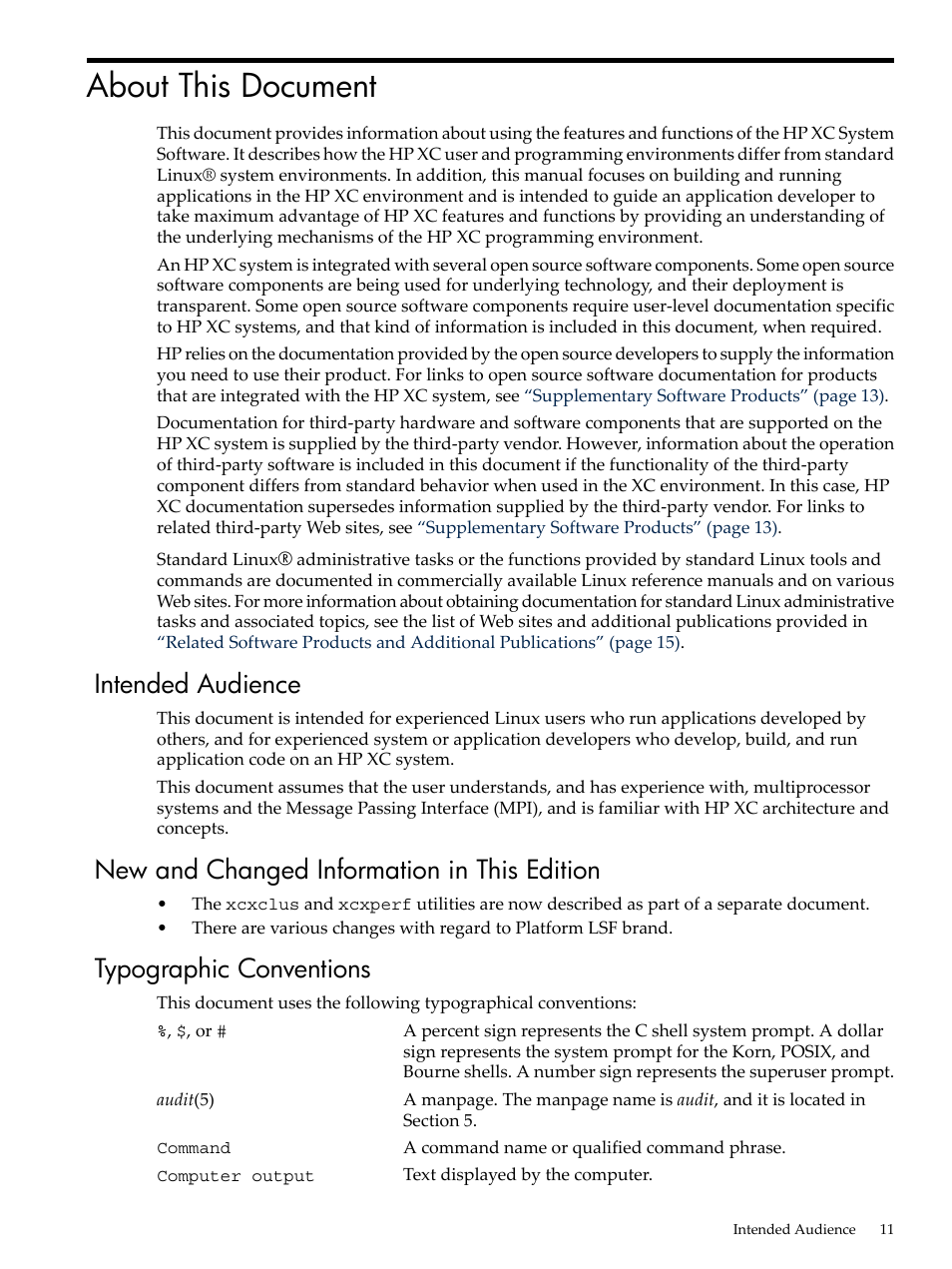 About this document, Intended audience, New and changed information in this edition | Typographic conventions | HP XC System 4.x Software User Manual | Page 11 / 135