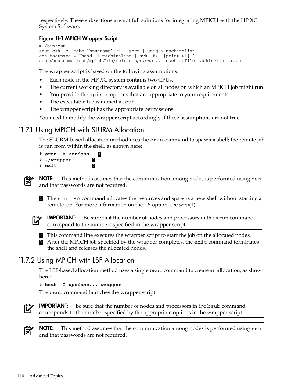 1 using mpich with slurm allocation, 2 using mpich with lsf allocation, Mpich wrapper script | Figure 11-1 | HP XC System 4.x Software User Manual | Page 114 / 135