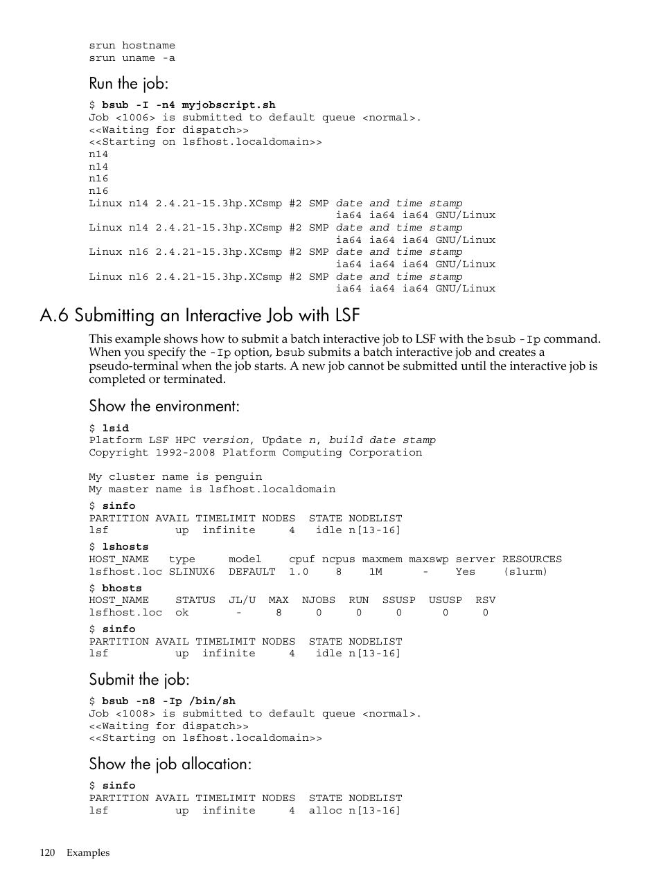 A.6 submitting an interactive job with lsf, Run the job, Show the environment | Submit the job, Show the job allocation | HP XC System 4.x Software User Manual | Page 120 / 135